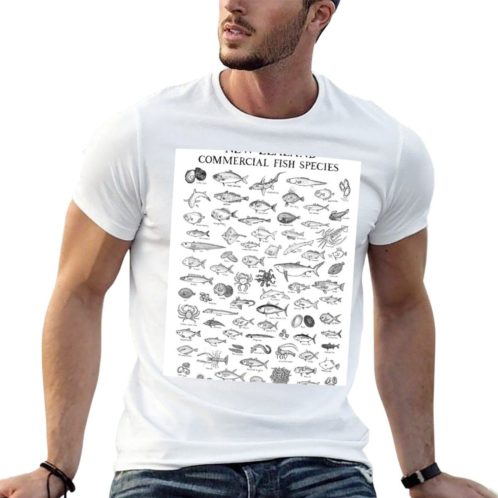 Commercial Shirt Printing - Nieuw-Zeelandse T-shirt met commerciële vissoorten, basic